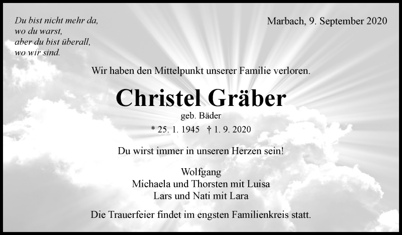  Traueranzeige für Christel Gräber vom 09.09.2020 aus Marbacher Zeitung