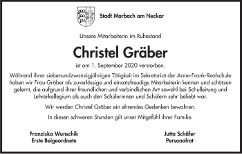 Traueranzeige von Christel Gräber von Marbacher Zeitung