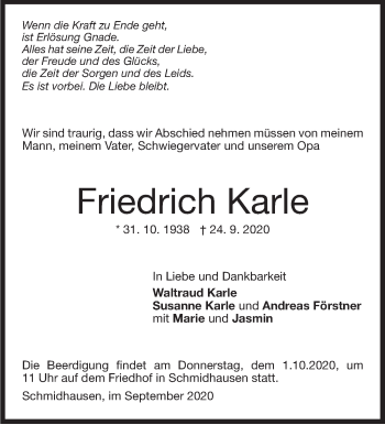 Traueranzeige von Friedrich Karle von Marbacher Zeitung