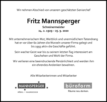 Traueranzeige von Fritz Mannsperger von Marbacher Zeitung