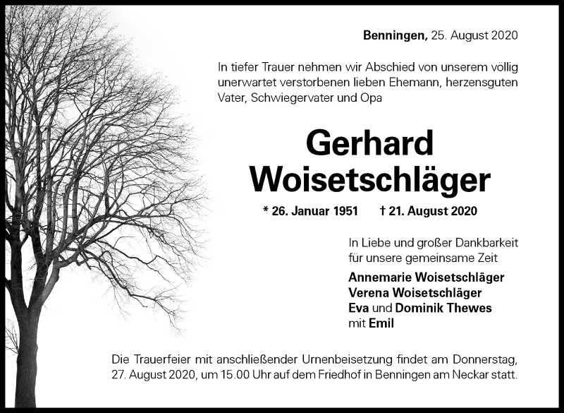  Traueranzeige für Gerhard Woisetschläger vom 25.08.2020 aus Marbacher Zeitung