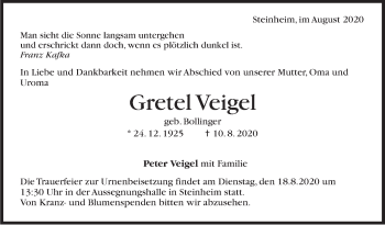 Traueranzeige von Gretel Veigel von Marbacher Zeitung