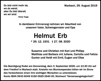 Traueranzeige von Helmut Erb von Marbacher Zeitung