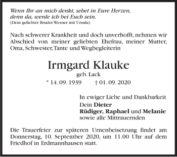 Traueranzeige von Irmgard Klauke von Marbacher Zeitung