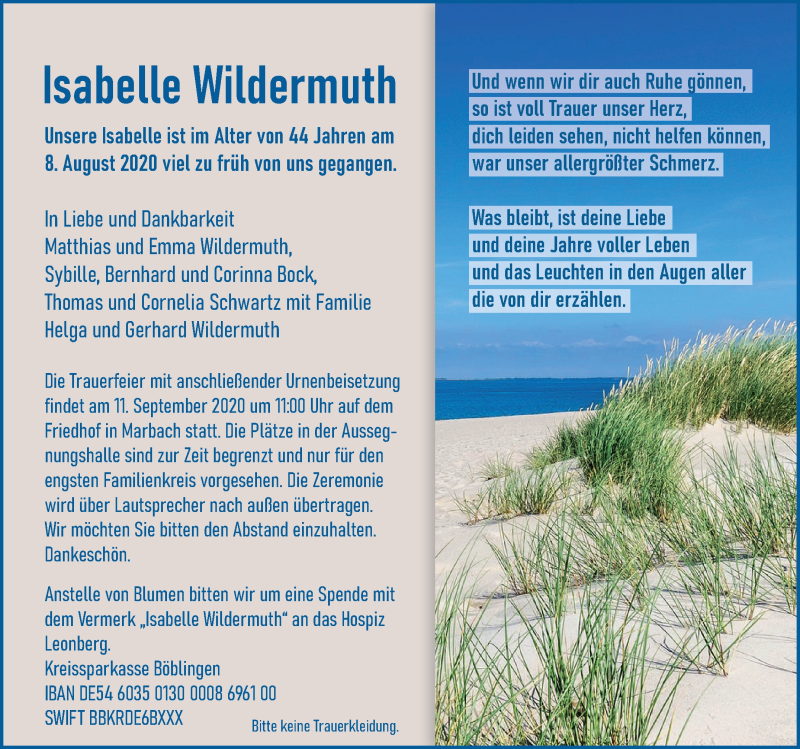  Traueranzeige für Isabelle Wildermuth vom 05.09.2020 aus Marbacher Zeitung