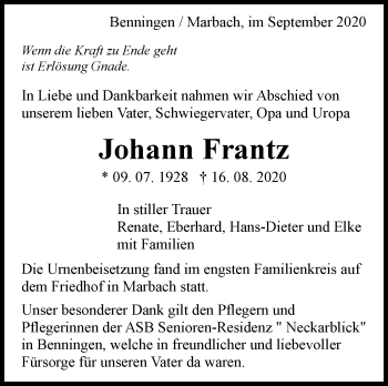 Traueranzeige von Johann Frantz von Marbacher Zeitung