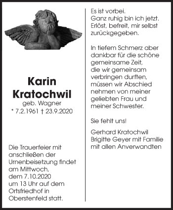 Traueranzeige von Karin Kratochwil von Marbacher Zeitung