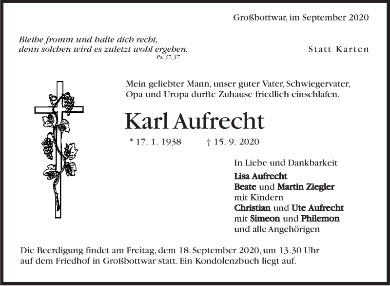  Traueranzeige für Karl Aufrecht vom 17.09.2020 aus Marbacher Zeitung