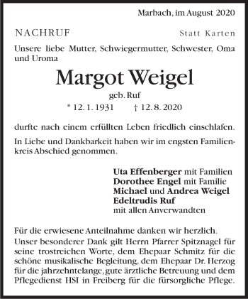 Traueranzeige von Margot Weigel von Marbacher Zeitung
