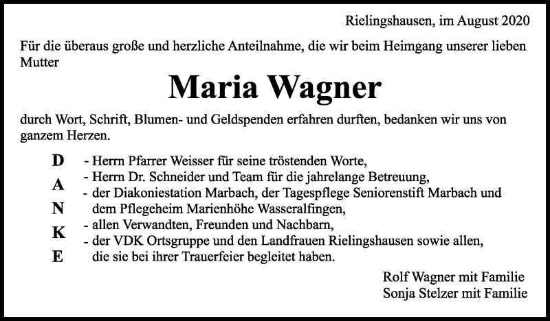  Traueranzeige für Maria Wagner vom 29.08.2020 aus Marbacher Zeitung
