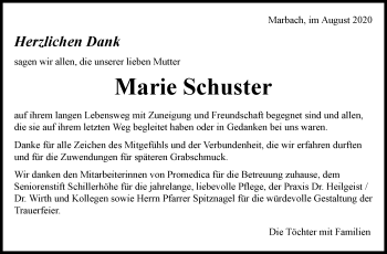 Traueranzeige von Marie Schuster von Marbacher Zeitung