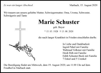 Traueranzeige von Marie Schuster von Marbacher Zeitung