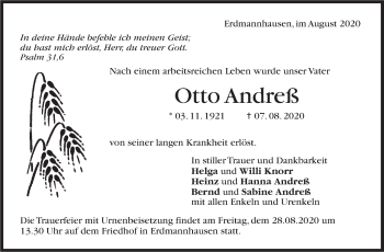 Traueranzeige von Otto Andreß von Marbacher Zeitung