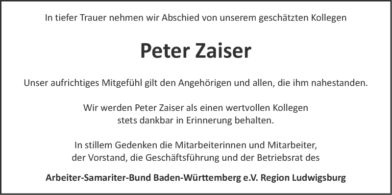 Traueranzeige für Peter Zaiser vom 29.08.2020 aus Marbacher Zeitung