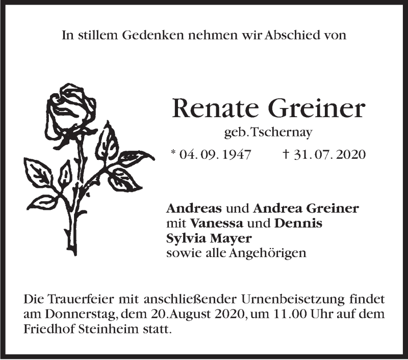  Traueranzeige für Renate Greiner vom 17.08.2020 aus Marbacher Zeitung