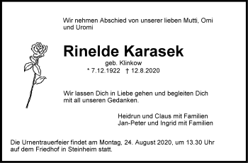 Traueranzeige von Rinelde Karasek von Marbacher Zeitung