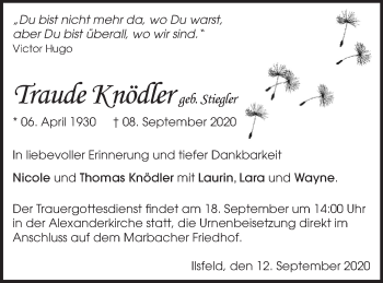 Traueranzeige von Traude Knödler von Marbacher Zeitung