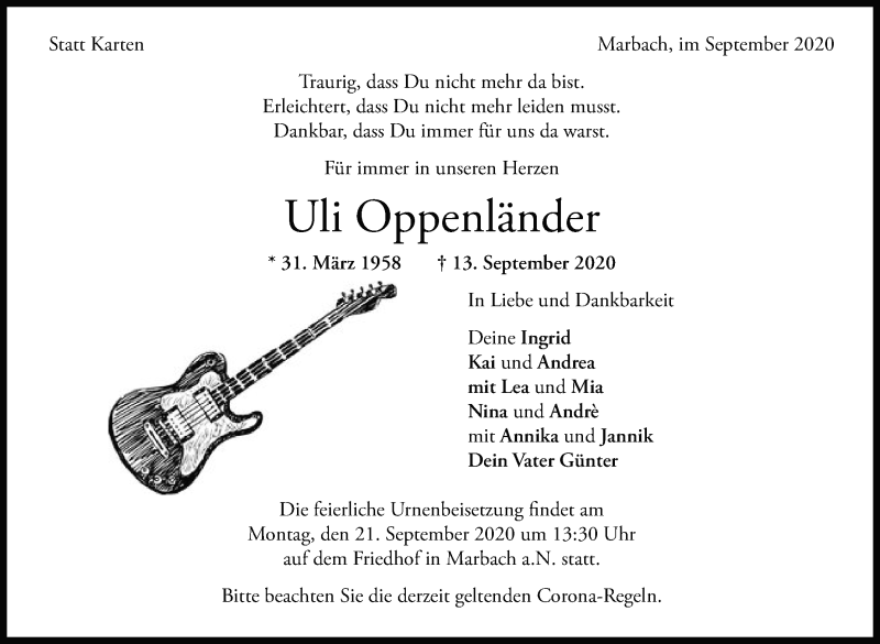  Traueranzeige für Uli Oppenländer vom 16.09.2020 aus Marbacher Zeitung