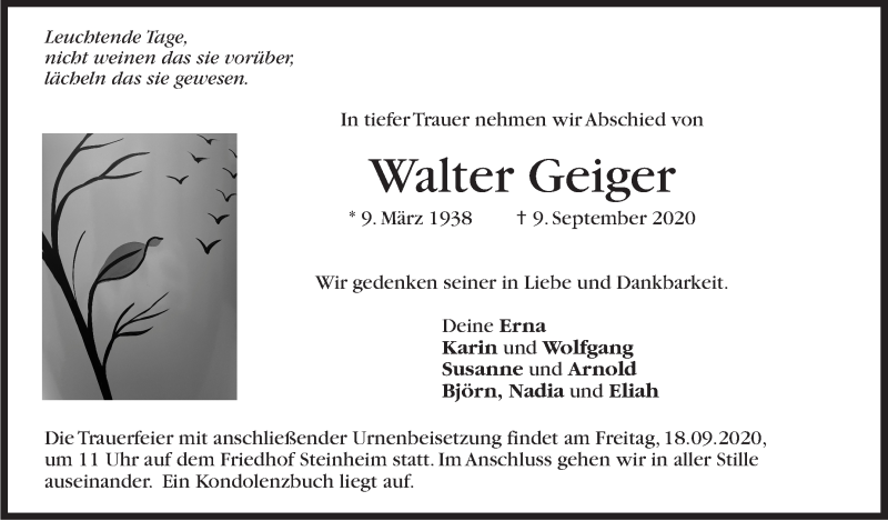  Traueranzeige für Walter Geiger vom 15.09.2020 aus Marbacher Zeitung