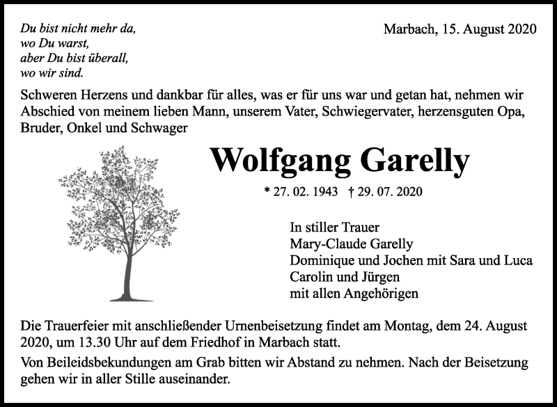  Traueranzeige für Wolfgang Garelly vom 15.08.2020 aus Marbacher Zeitung
