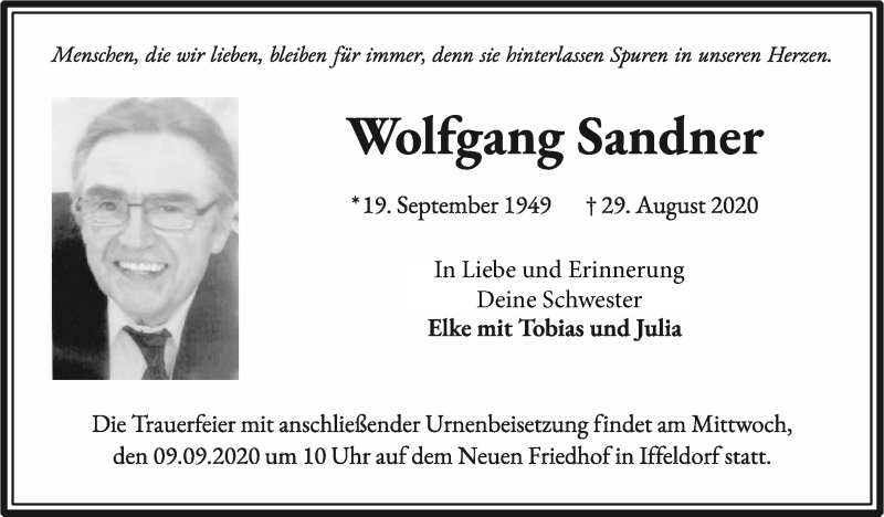  Traueranzeige für Wolfgang Sandner vom 05.09.2020 aus Marbacher Zeitung