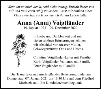 Traueranzeige von Anna  Voigtländer von Marbacher Zeitung