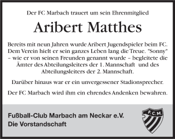 Traueranzeige von Aribert Matthes von Marbacher Zeitung