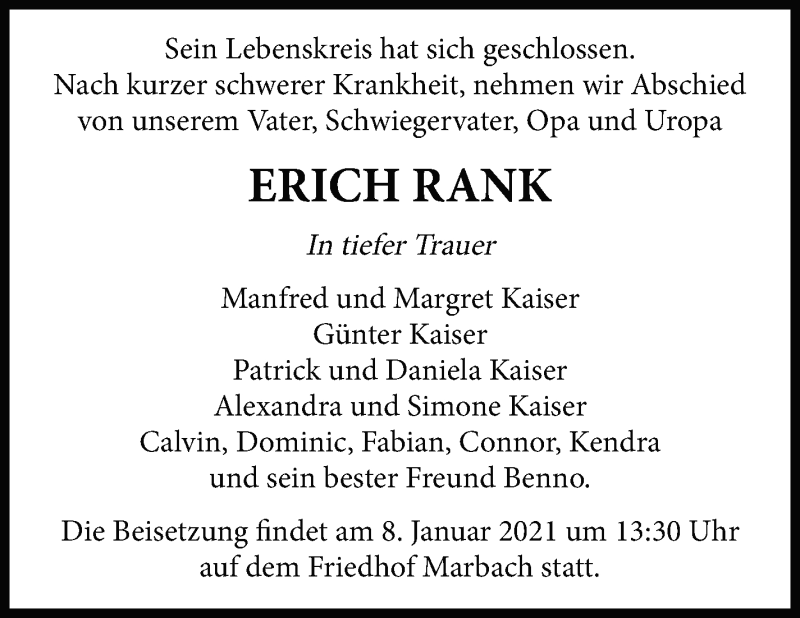  Traueranzeige für Erich Rank vom 07.01.2021 aus Marbacher Zeitung