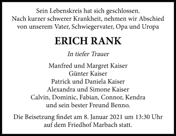 Traueranzeige von Erich Rank von Marbacher Zeitung