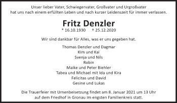 Traueranzeige von Fritz Denzler von Marbacher Zeitung
