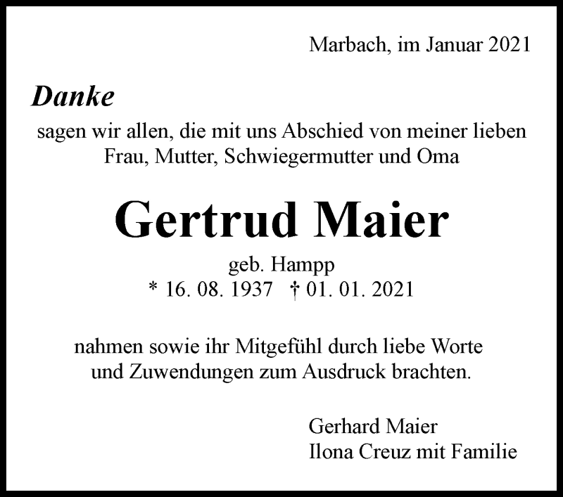  Traueranzeige für Gertrud Maier vom 22.01.2021 aus Marbacher Zeitung