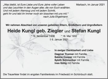 Traueranzeige von Heide und Stefan Kungl von Marbacher Zeitung