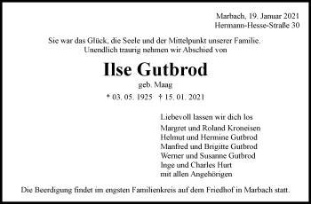 Traueranzeige von Ilse Gutbrod von Marbacher Zeitung