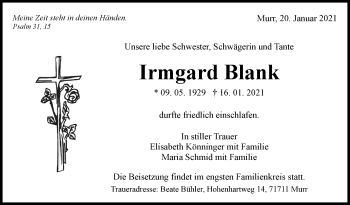 Traueranzeige von Irmgard Blank von Marbacher Zeitung