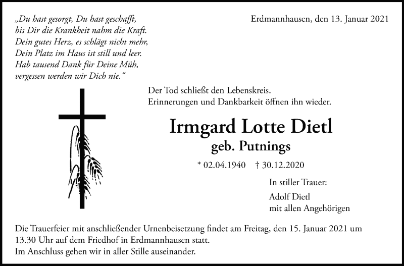  Traueranzeige für Irmgard Lotte Dietl vom 13.01.2021 aus Marbacher Zeitung