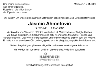 Traueranzeige von Jasmin Ahmetovic von Marbacher Zeitung