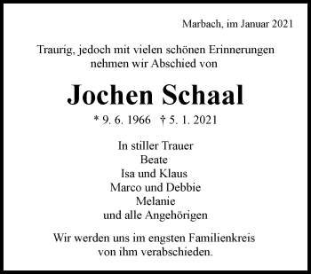 Traueranzeige von Jochen Schaal von Marbacher Zeitung