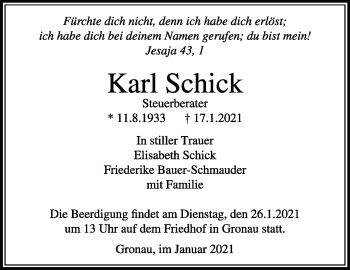 Traueranzeige von Karl Schick von Marbacher Zeitung