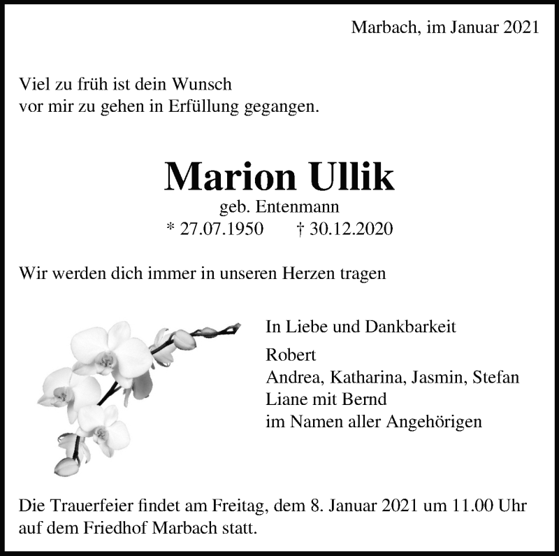  Traueranzeige für Marion Ullik vom 05.01.2021 aus Marbacher Zeitung