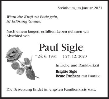 Traueranzeige von Paul Sigle von Marbacher Zeitung