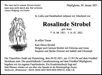 Traueranzeige von Rosalinde Strobel von Marbacher Zeitung