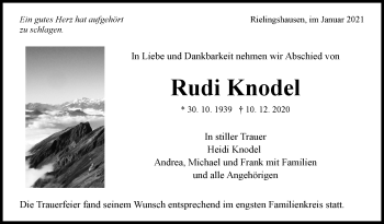 Traueranzeige von Rudi Knodel von Marbacher Zeitung
