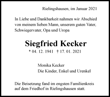 Traueranzeige von Siegfried Kecker von Marbacher Zeitung