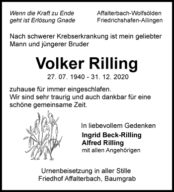 Traueranzeige von Volker Rilling von Marbacher Zeitung