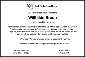 Traueranzeige von Wilfhilde Braun von Marbacher Zeitung