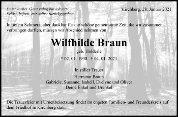 Traueranzeige von Wilfhilde Braun von Marbacher Zeitung