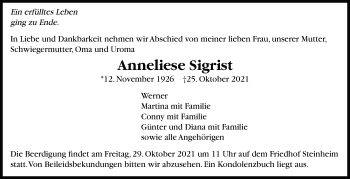 Traueranzeige von Anneliese Sigrist von Marbacher Zeitung