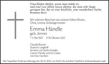 Traueranzeige von Emma Händle von Marbacher Zeitung