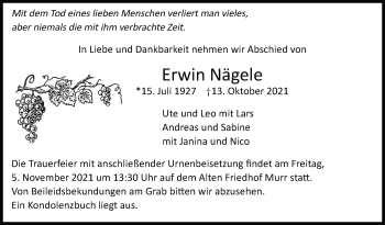 Traueranzeige von Erwin Nägele von Marbacher Zeitung