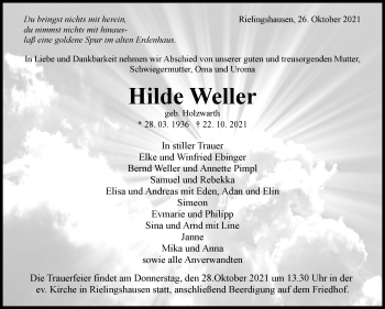 Traueranzeige von Hilde Weller von Marbacher Zeitung